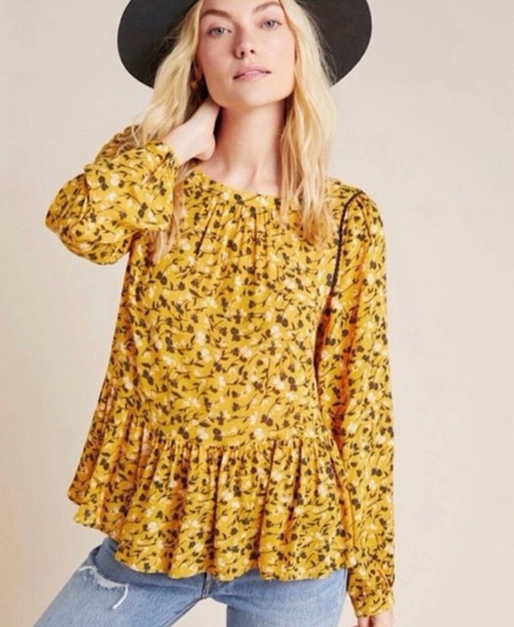 Maeve by Anthropologie | Mustard Yellow Preppy Ditsy Floral Boho Ruffled Blouse
